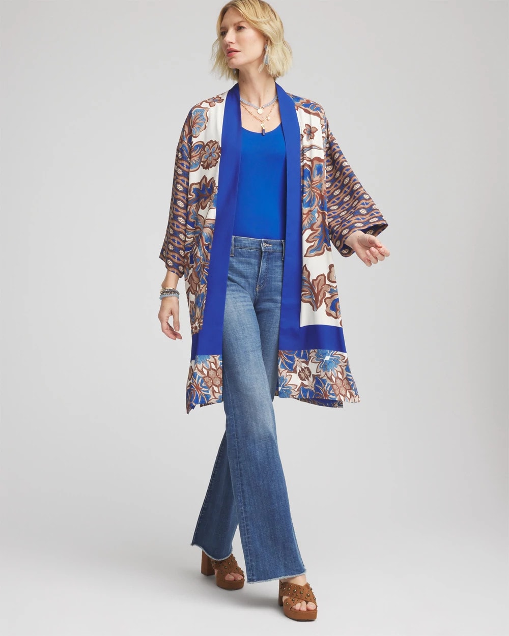 English Cream Crepe Long Printed Kimono