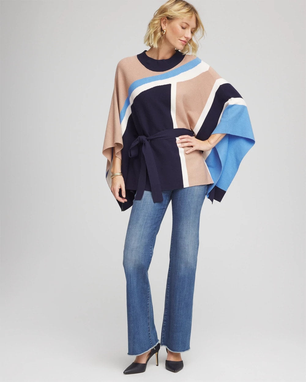 Passport Blue Belted Colorblock Poncho
