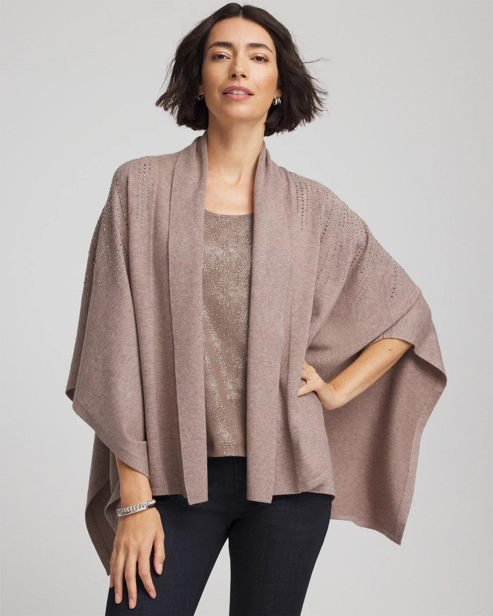 Taupe Heather Embellished Shawl Collar Ruana