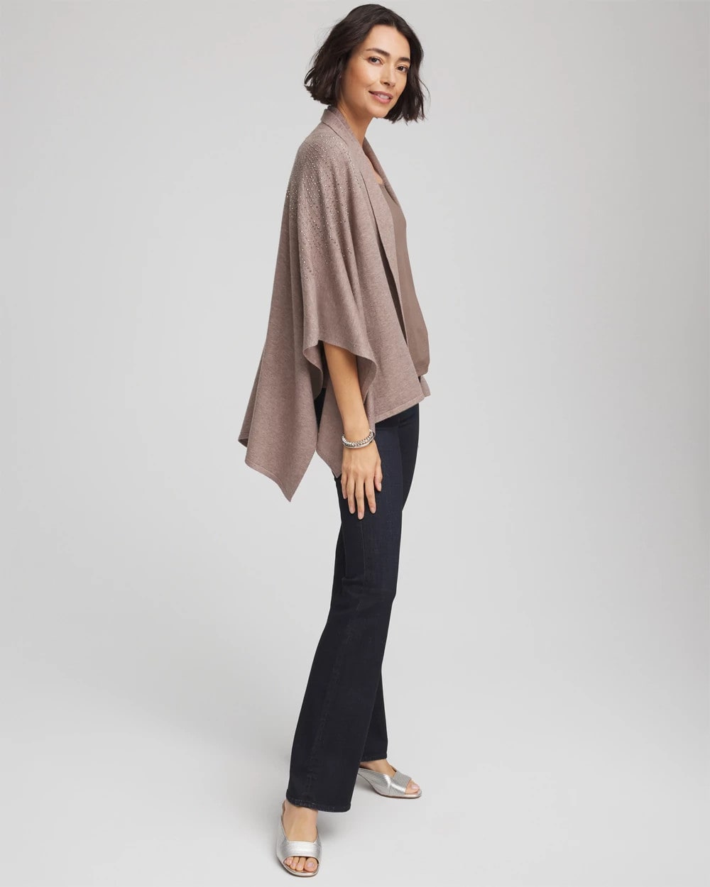Taupe Heather Embellished Shawl Collar Ruana