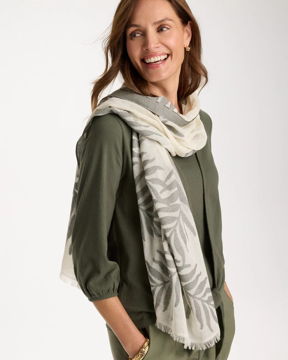 White Palm Embroidered Oblong Scarf