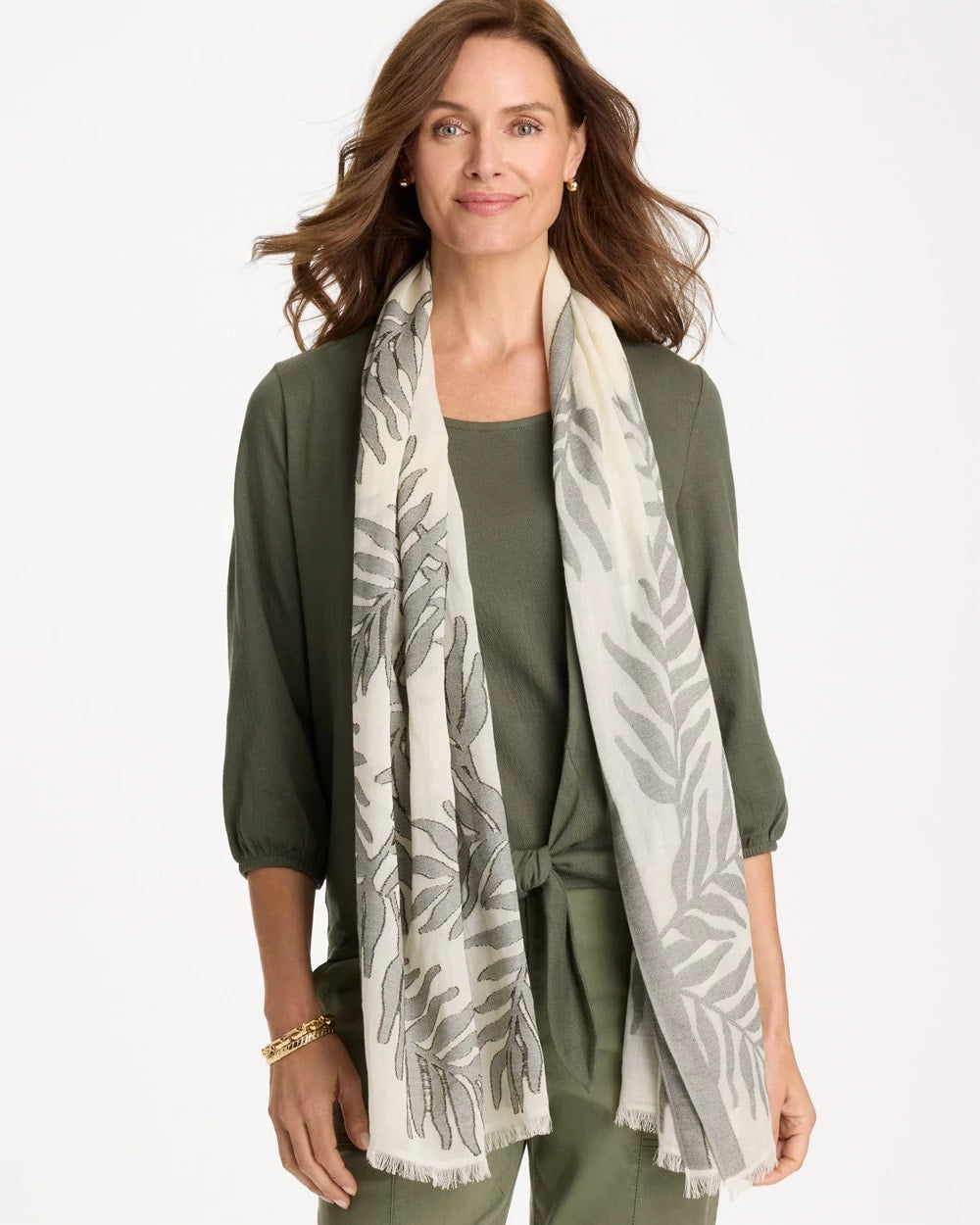 White Palm Embroidered Oblong Scarf