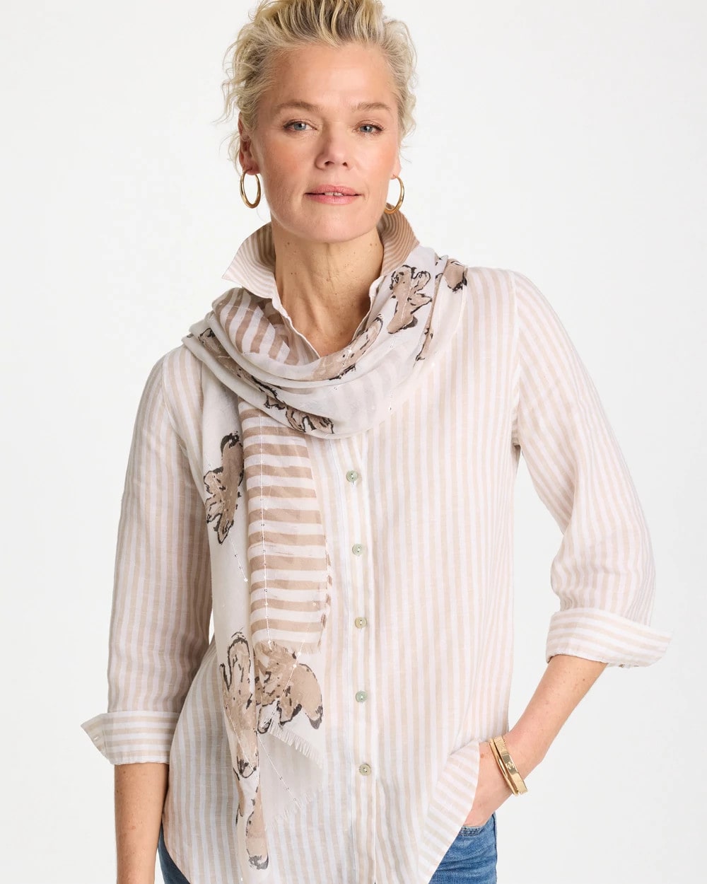 Neutral Striped Floral Oblong Scarf