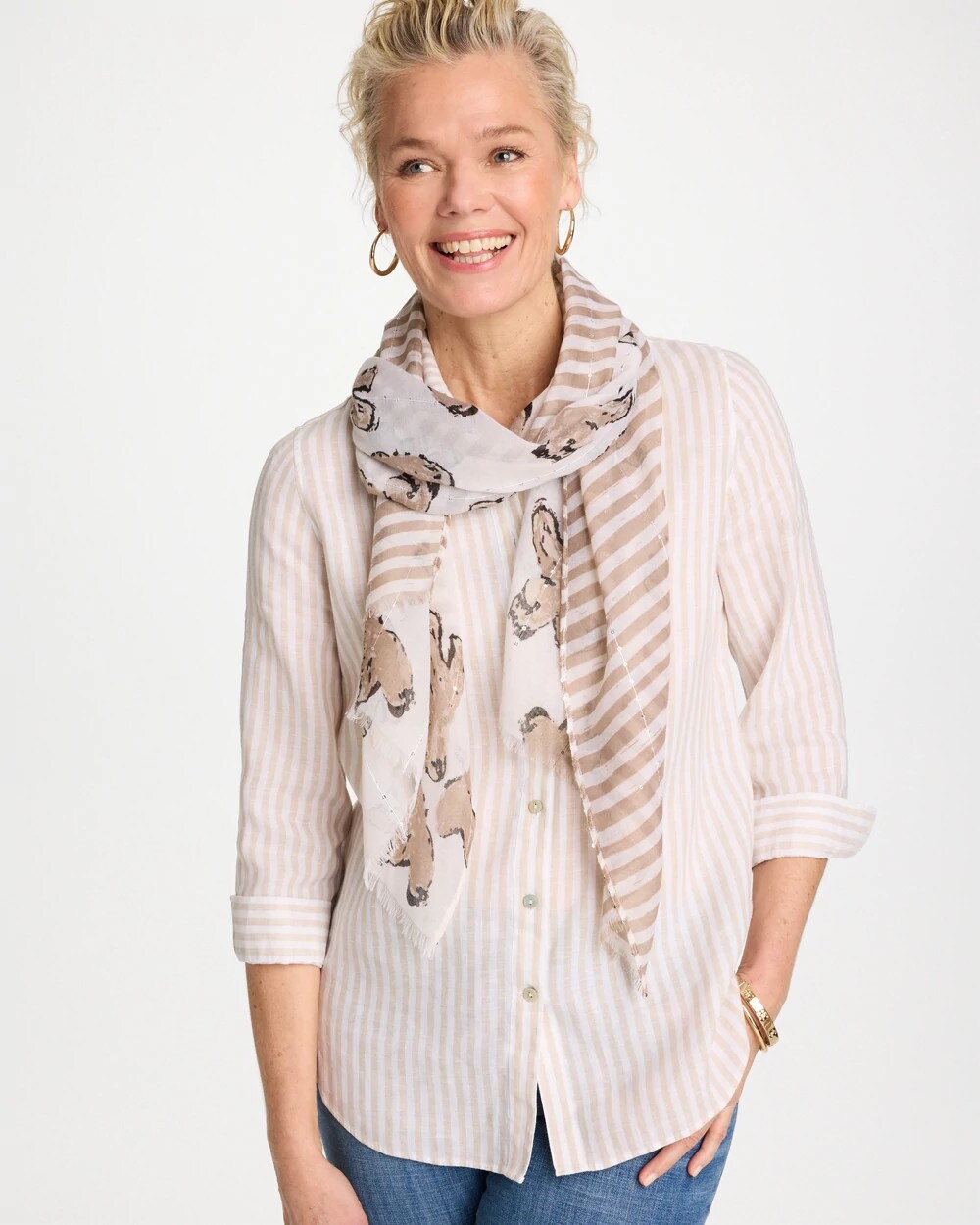 Neutral Striped Floral Oblong Scarf