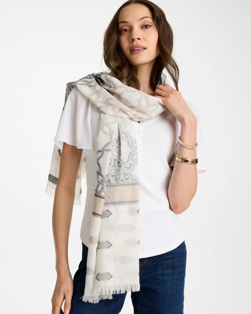 Neutral Neutral Paisley Polka Dot Oblong Scarf
