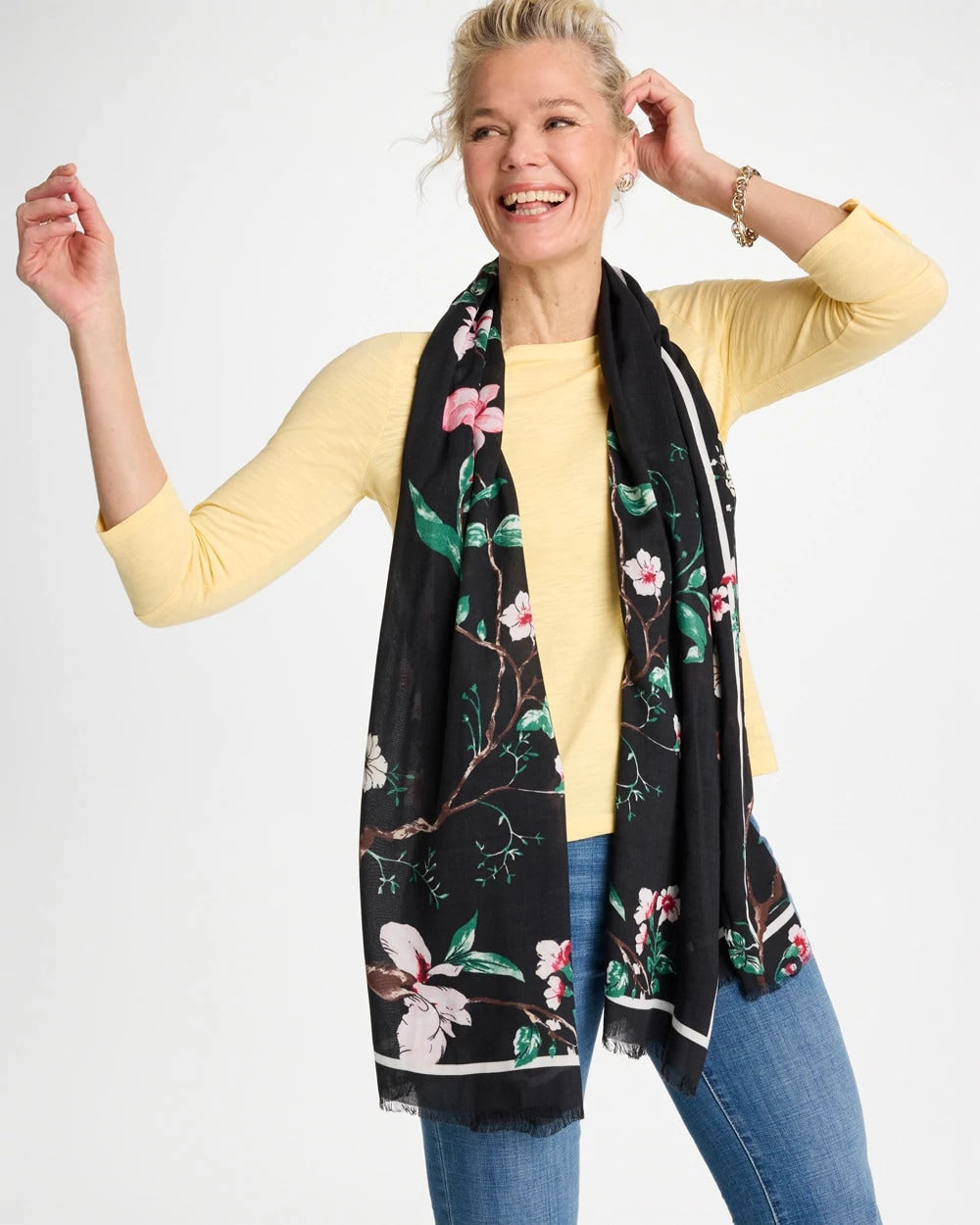 Black Kyoto Bloom Oblong Scarf