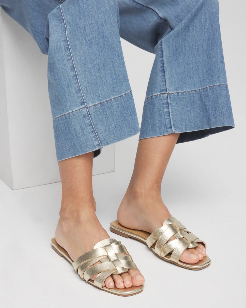 Gold Leather Cassidy Cross-Strap Slide Shoes