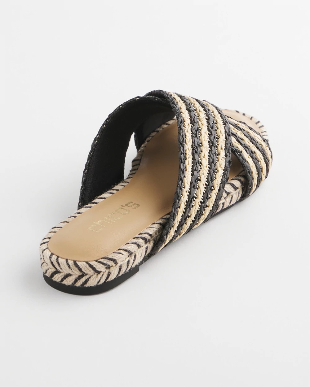 Black Raffia Striped Raffia Cross-Strap Slide Sandal