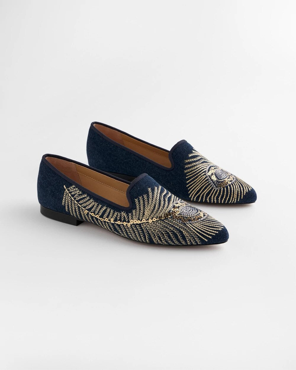 Denim Peacock Embroidered Flats