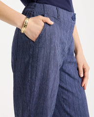 Navy Pinstripe Soft-Stretch Linen Crop Pant