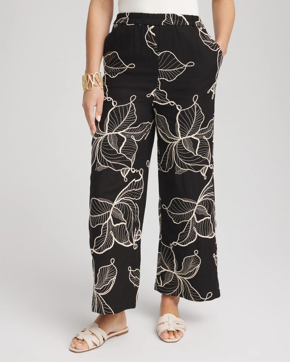 Black Embroidered Wide-Leg Cropped Pants