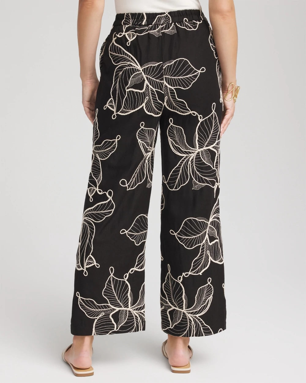 Black Embroidered Wide-Leg Cropped Pants