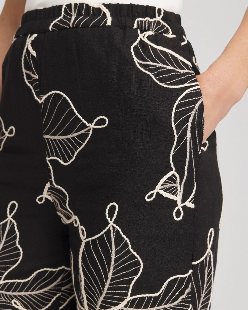 Black Embroidered Wide-Leg Cropped Pants