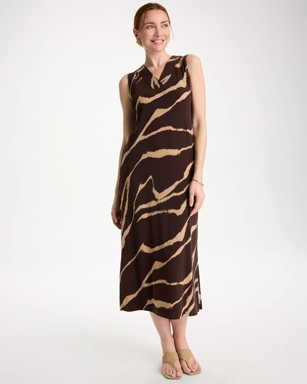 Cocoa Bean Travelers™ Zebra Double V-Neck Maxi Dress