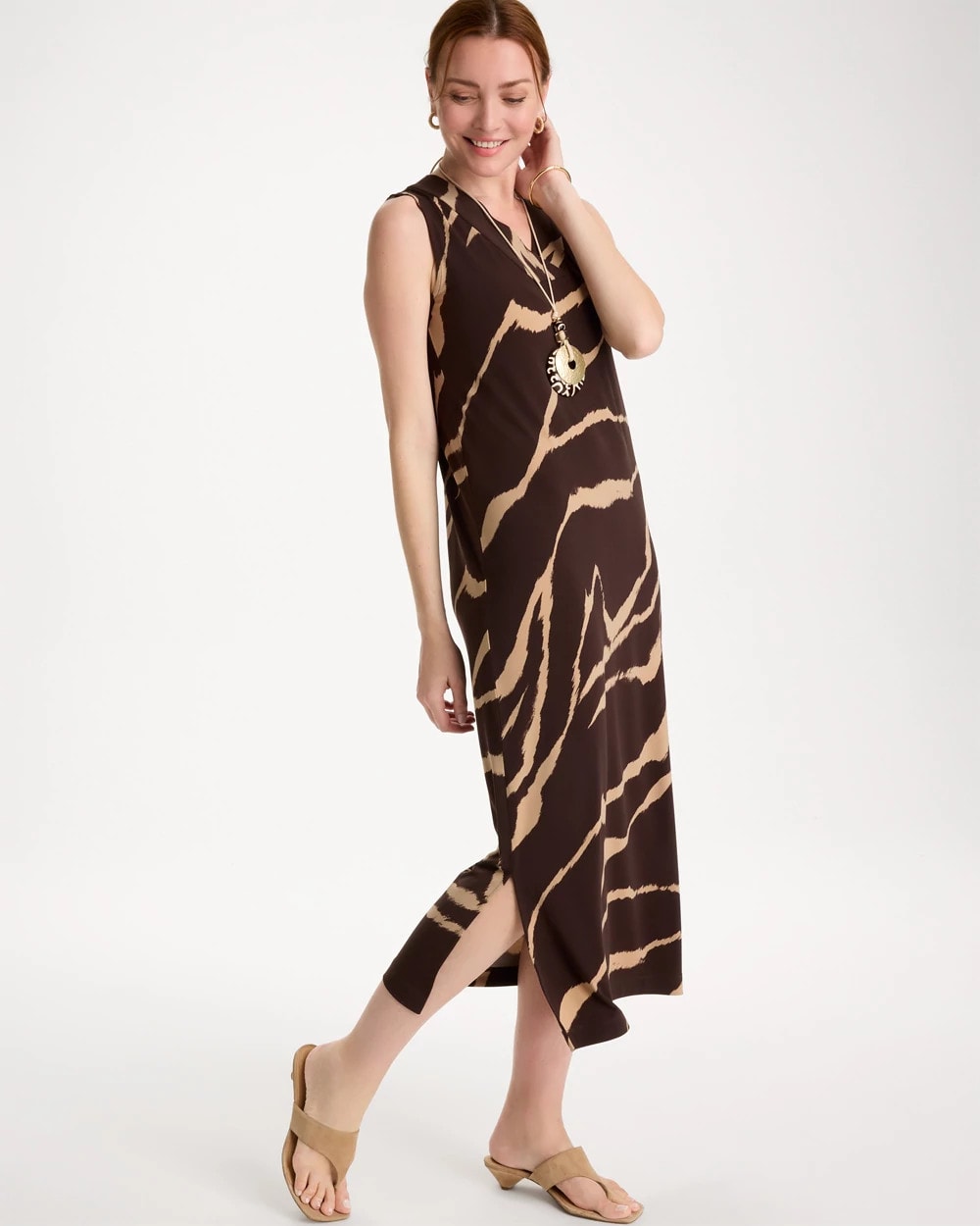 Cocoa Bean Travelers™ Zebra Double V-Neck Maxi Dress