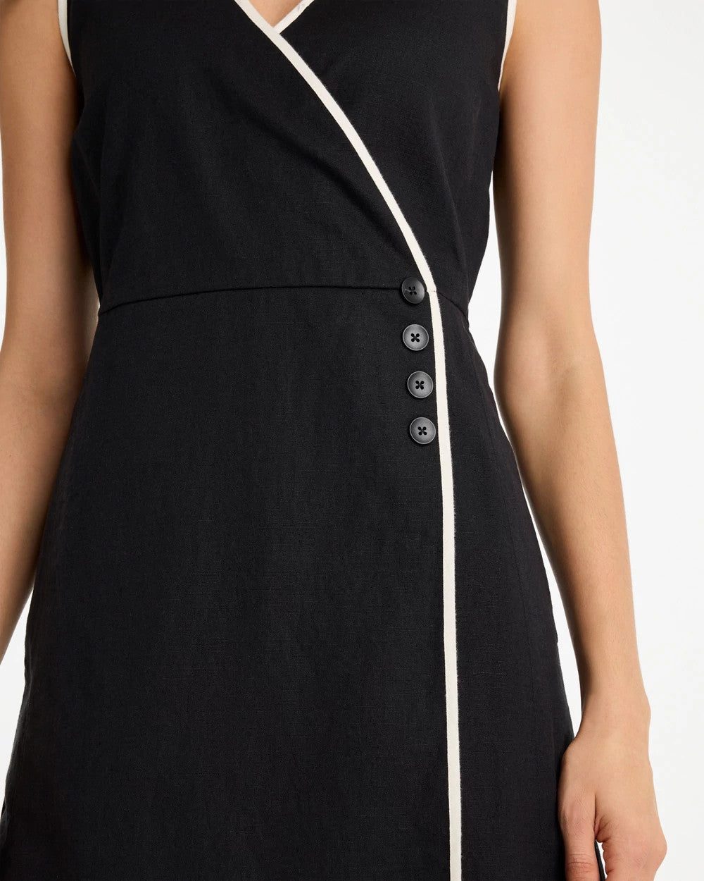 Black Sleeveless Surplice Linen Dress
