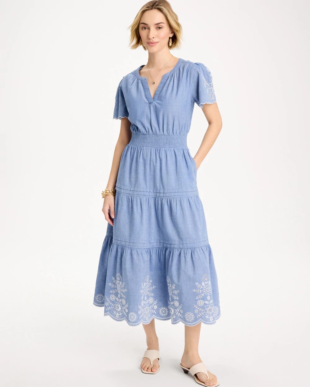 Light Indigo Chambray Embroidered Dress
