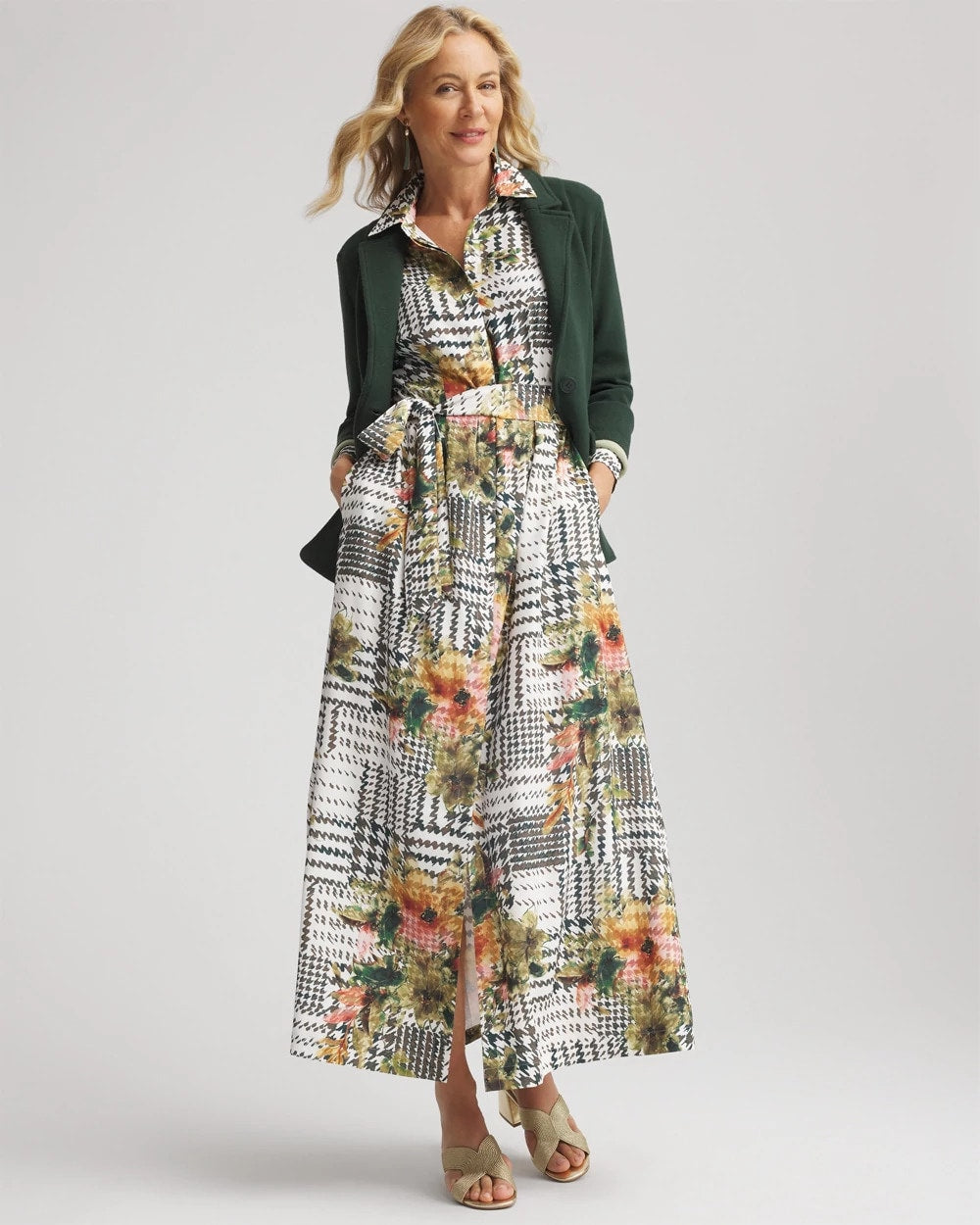 Ecru Artisanal Floral Print  Maxi Shirtdress