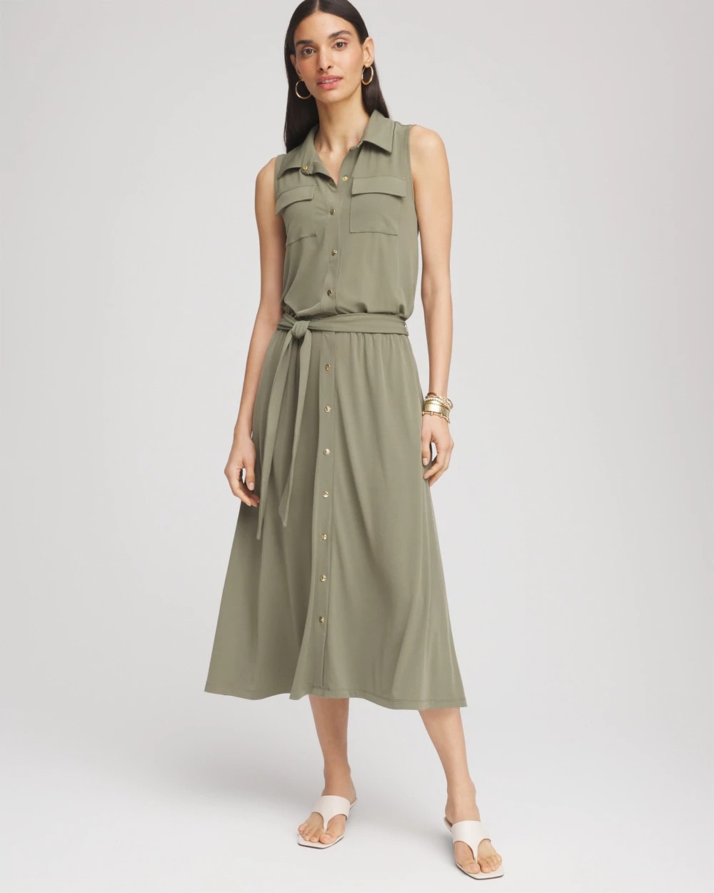 Dusty Olive Travelers™ Knit Sleeveless Shirtdress