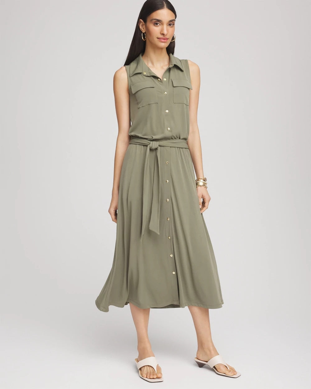 Dusty Olive Travelers™ Knit Sleeveless Shirtdress