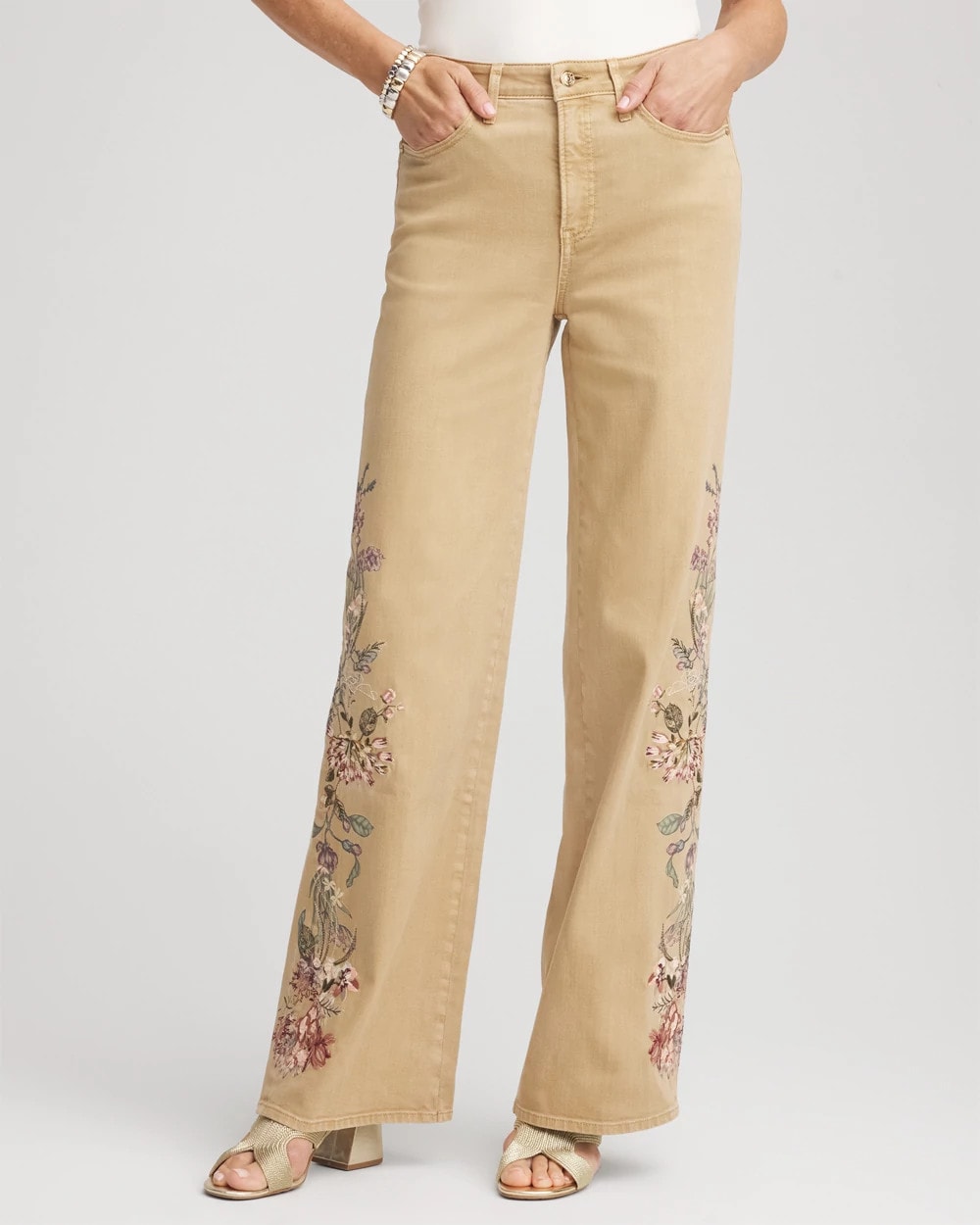 Cafe Aroma Embroidered High-Rise Wide-Leg Jeans
