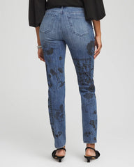 Emilia Indigo Mixed-Media Girlfriend Slim Ankle Jeans