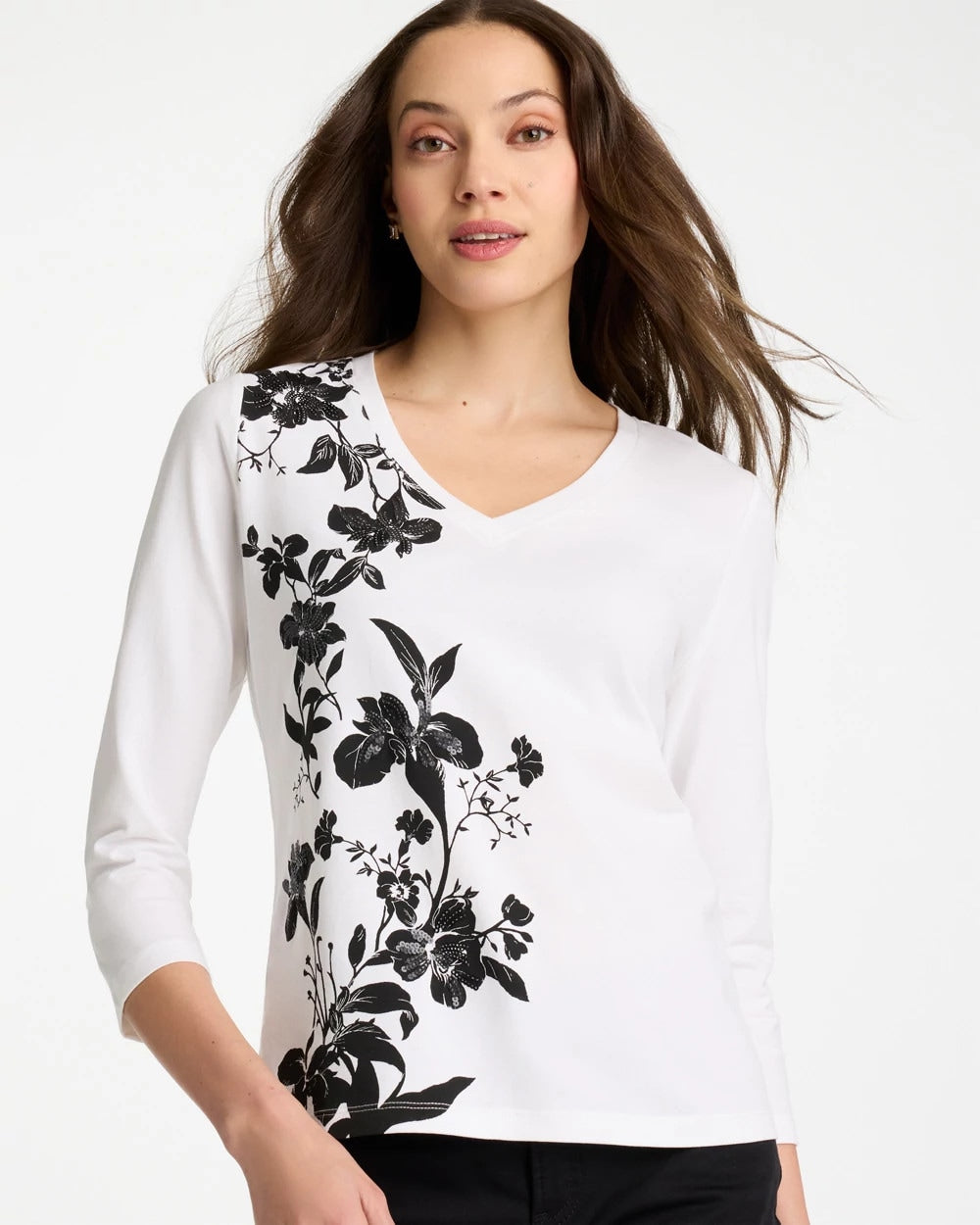 Black Printed Cotton Stretch 3/4 Sleeve Tee