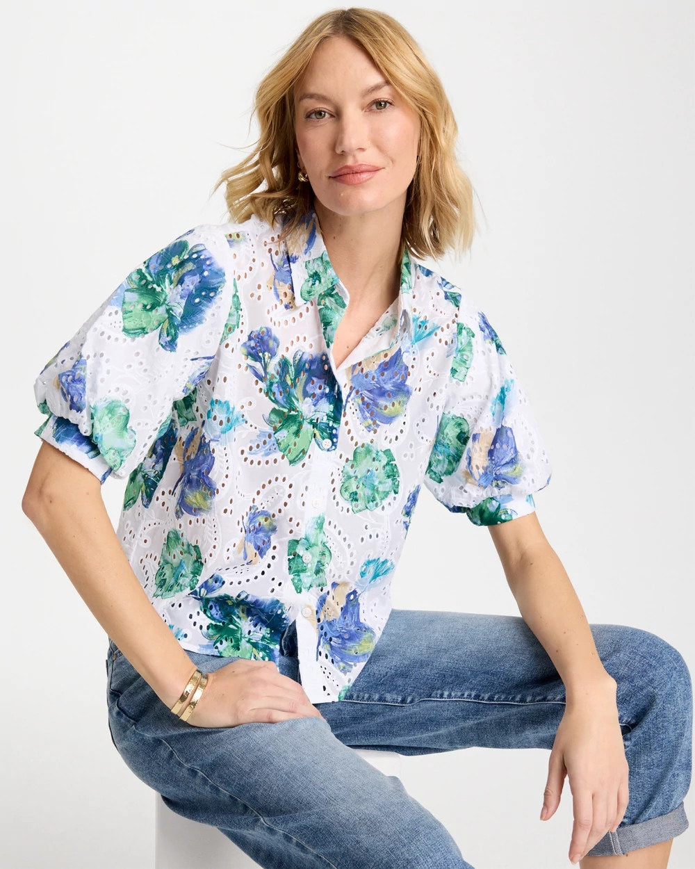 Passport Blue Floral Paisley Eyelet Blouse