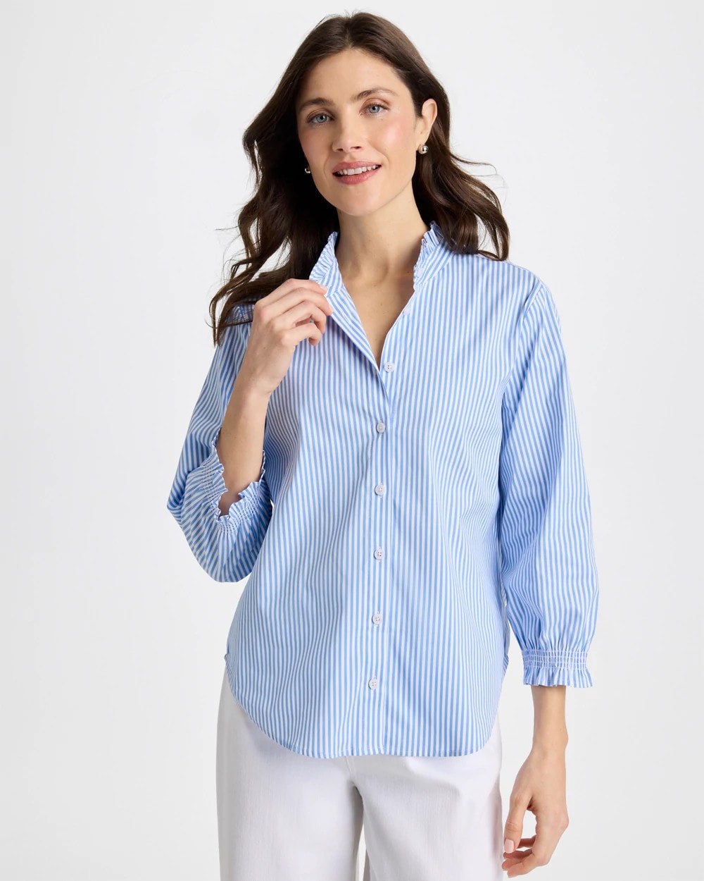 Tidal Blue Striped Poplin Ruffle Neck Shirt