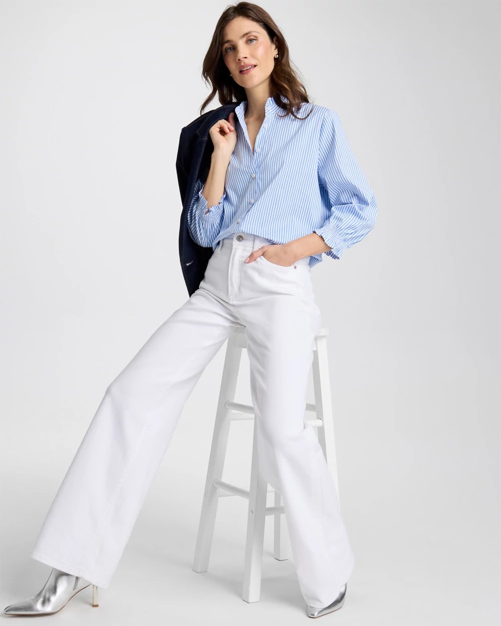 Tidal Blue Striped Poplin Ruffle Neck Shirt