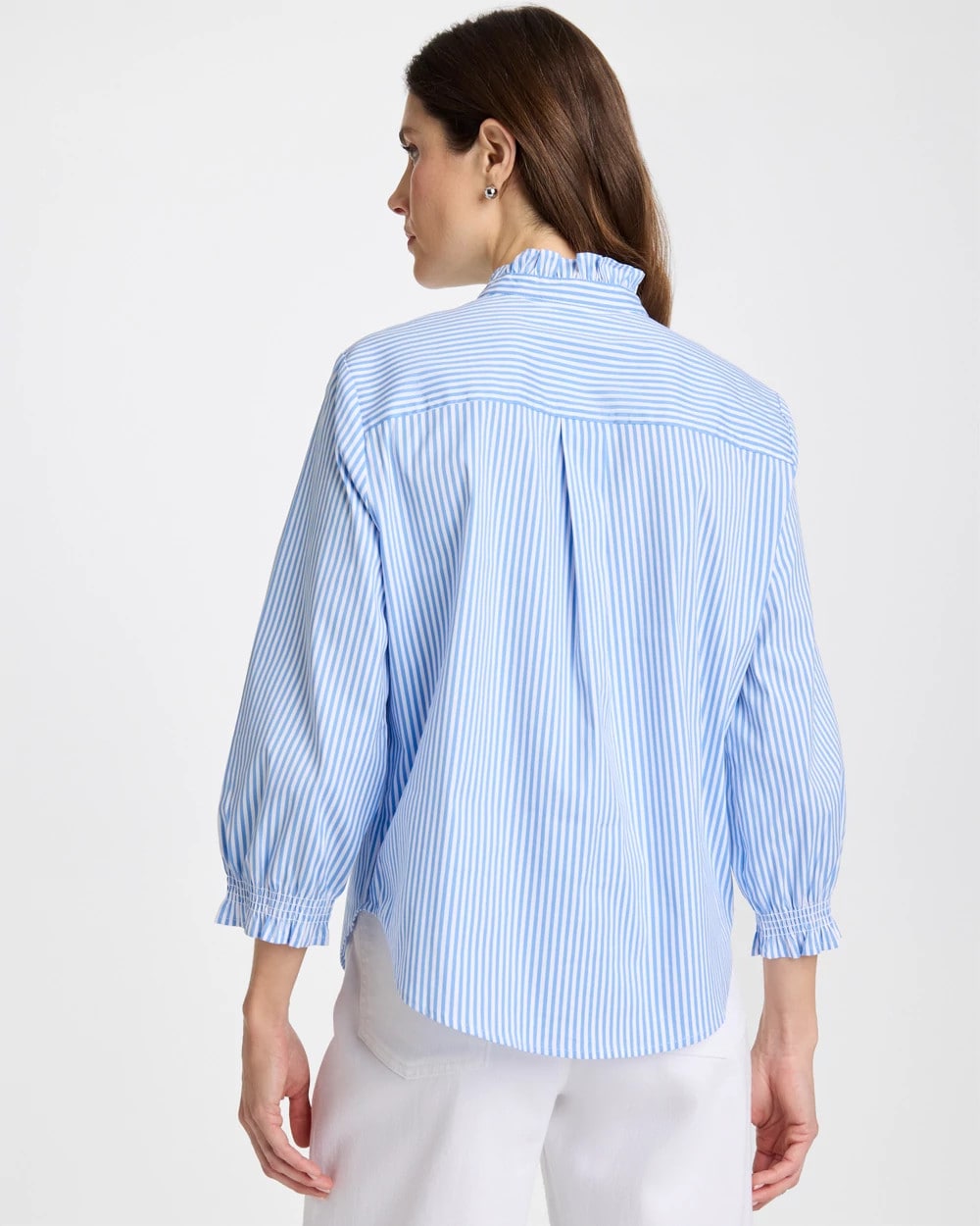 Tidal Blue Striped Poplin Ruffle Neck Shirt