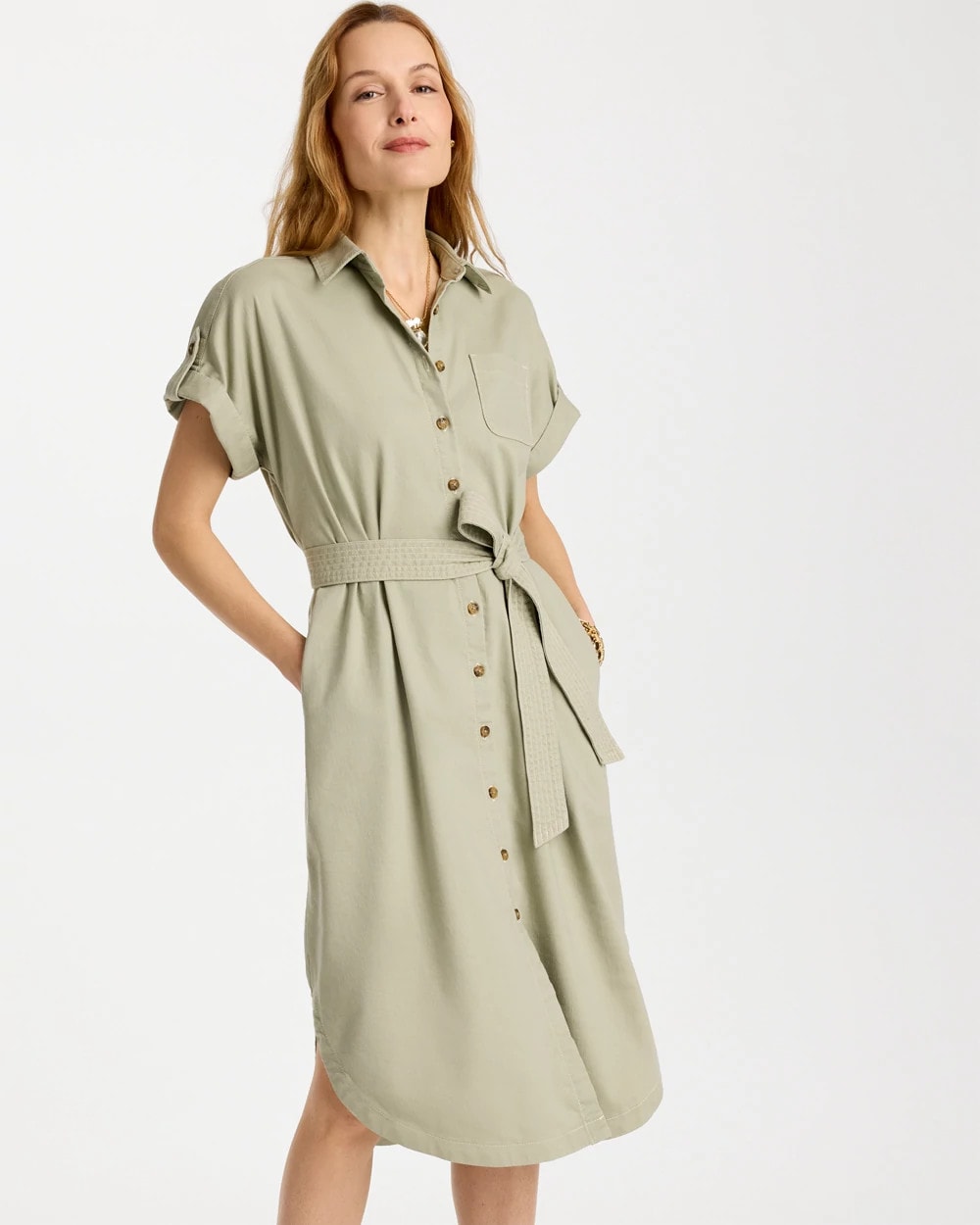 Seagrass Green Dolman Tie Hemp Denim Shirtdress