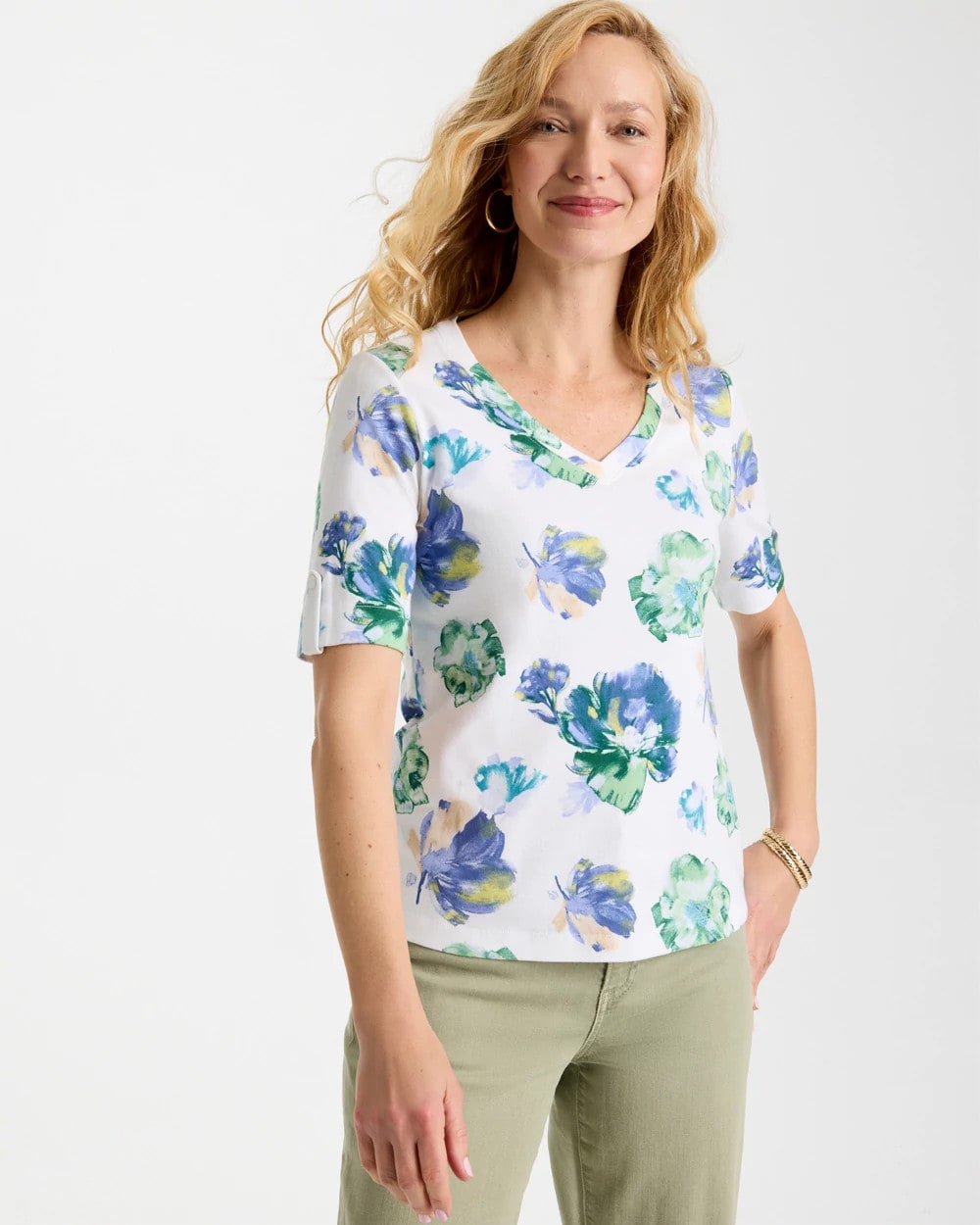 Passport Blue Printed Cotton Slub V-Neck Tee