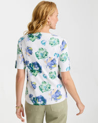 Passport Blue Printed Cotton Slub V-Neck Tee