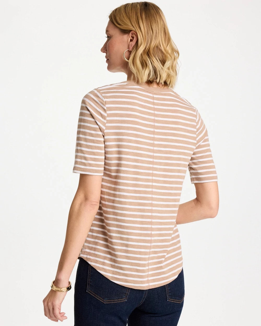 Cattail Brown Striped Cotton Slub V-Neck Tee