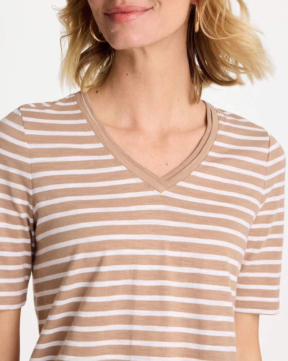 Cattail Brown Striped Cotton Slub V-Neck Tee