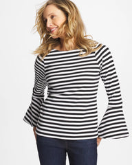 Black Striped Rib Knit Bell Sleeve Top