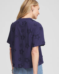 Passport Blue Embroidered Star Split Neck Blouse