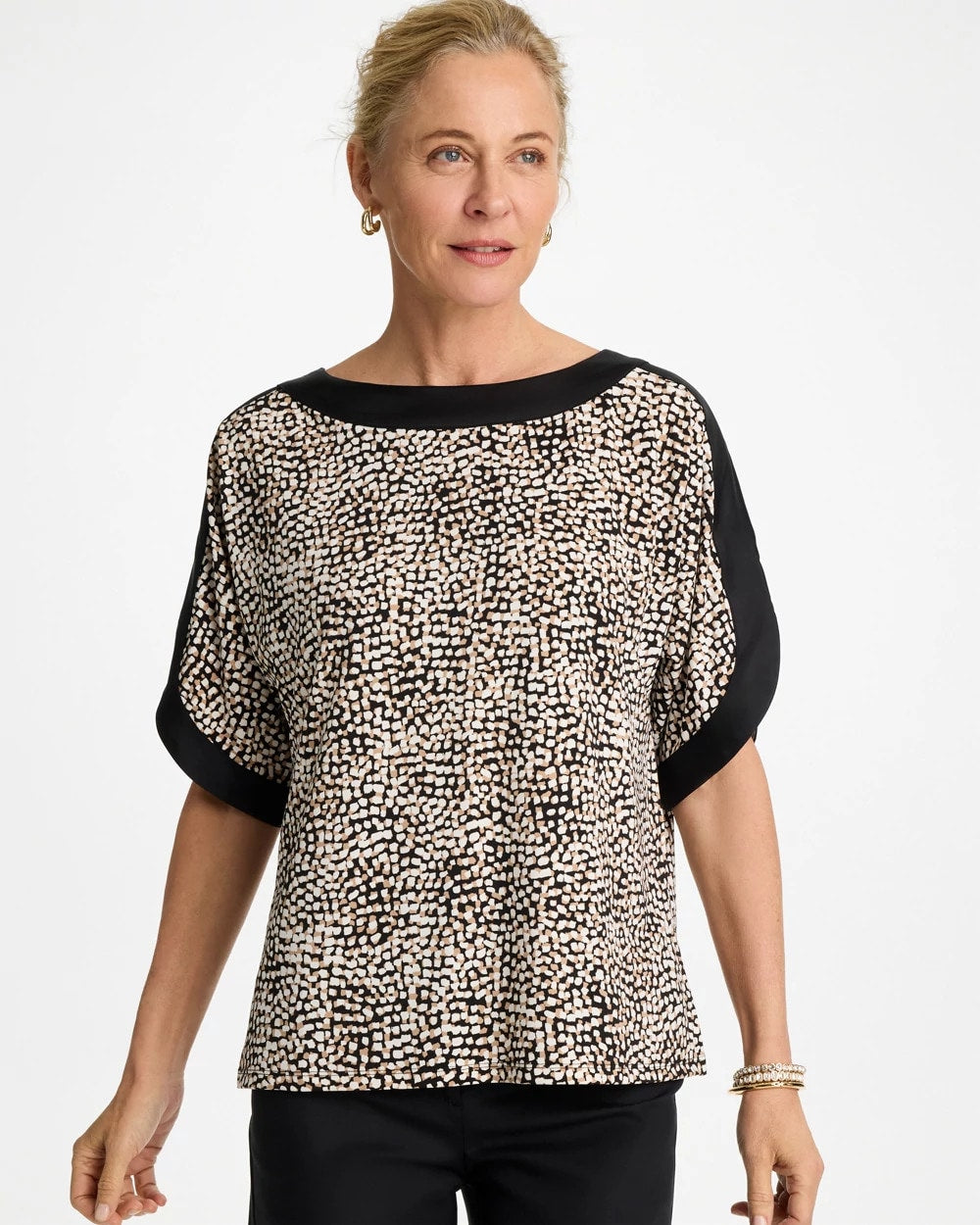 Cattail Brown Printed Jersey & Satin Dolman Tee