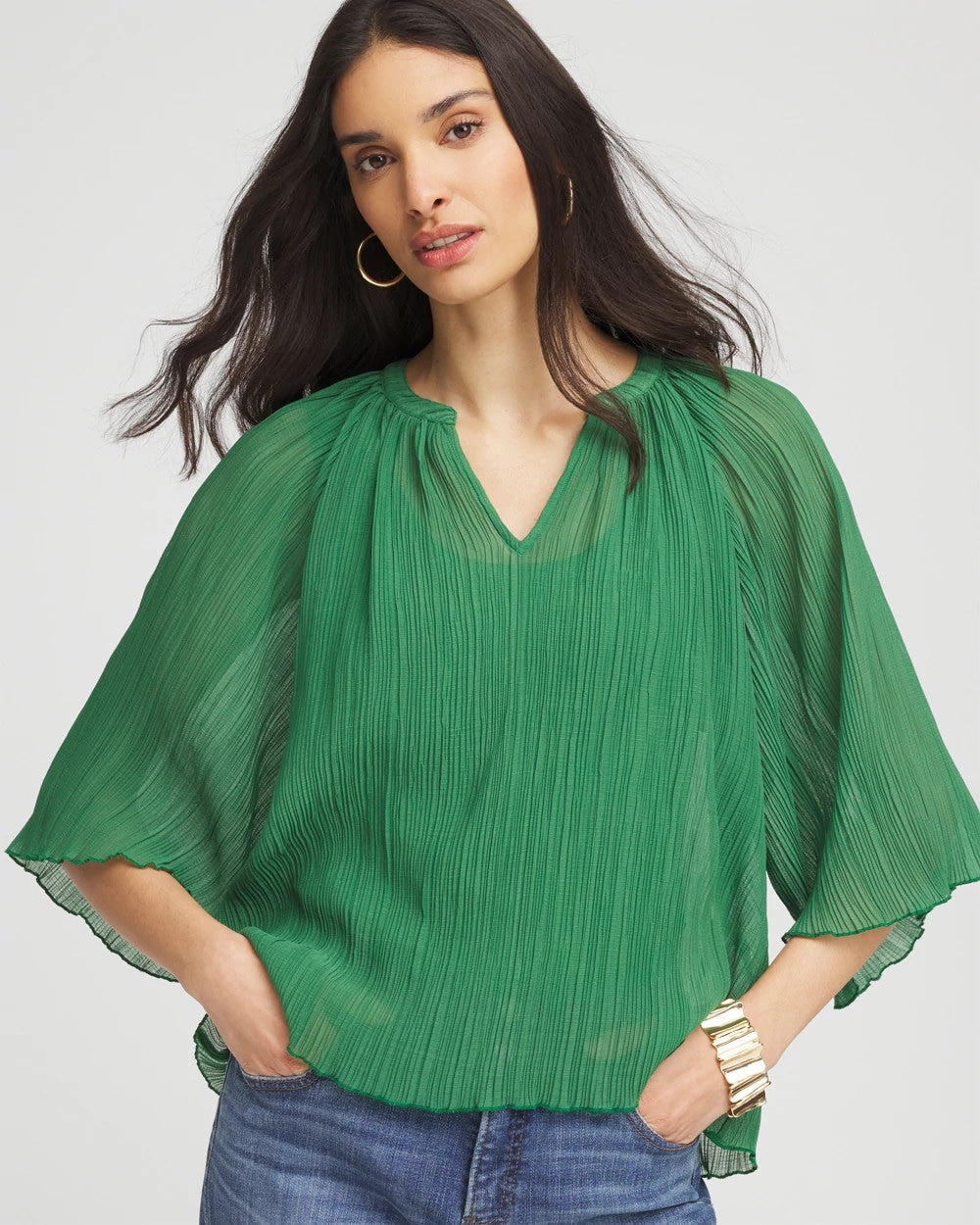 Jardin Green Textured Pleated Chiffon Blouse