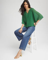 Jardin Green Textured Pleated Chiffon Blouse