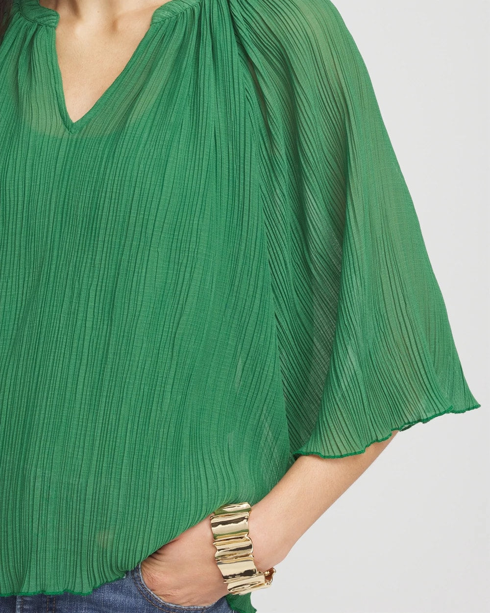 Jardin Green Textured Pleated Chiffon Blouse