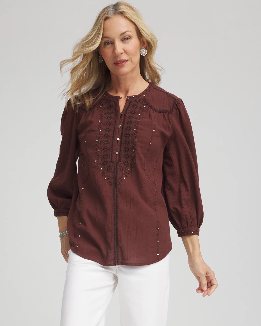 Cacao Embroidered Crinkle-Cotton Blouse