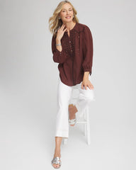 Cacao Embroidered Crinkle-Cotton Blouse