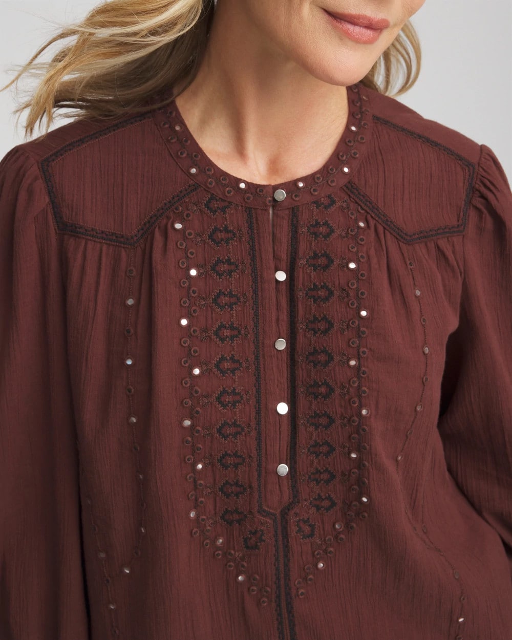 Cacao Embroidered Crinkle-Cotton Blouse