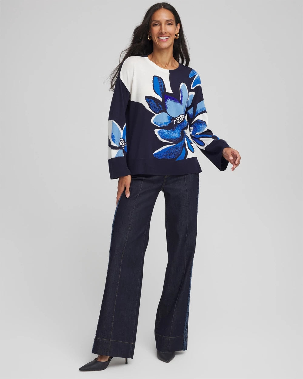Tidal Blue Floral Intarsia Crewneck Pullover