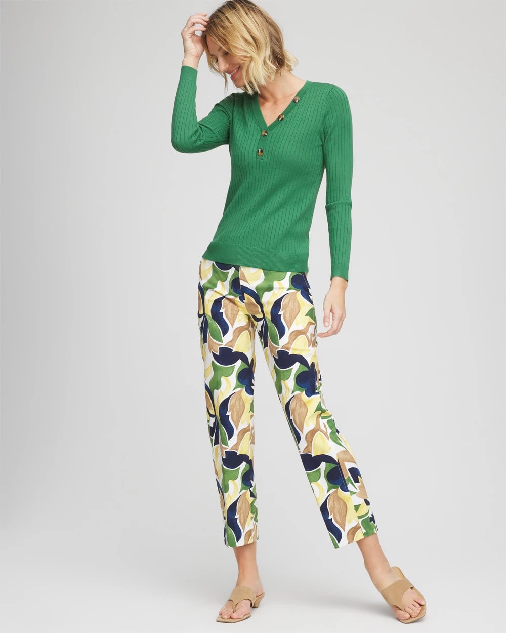 Jardin Green Ribbed Button Henley Sweater