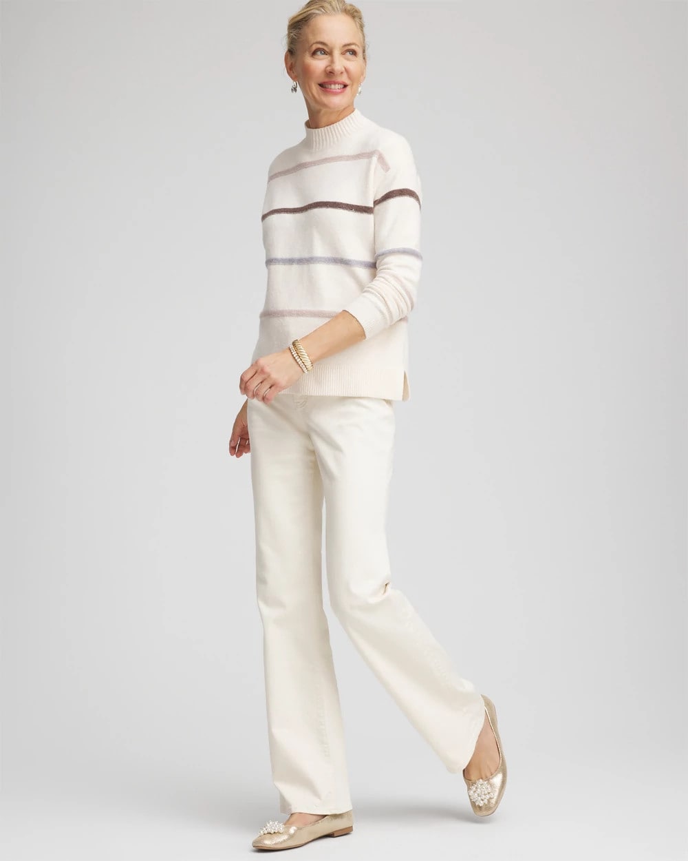 English Cream Sequined Stripe Pullover Sweater