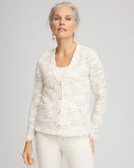 English Cream Fringe Textured V-Neck Cardigan