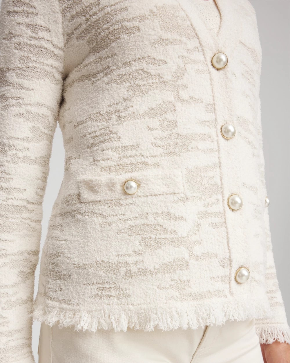 English Cream Fringe Textured V-Neck Cardigan